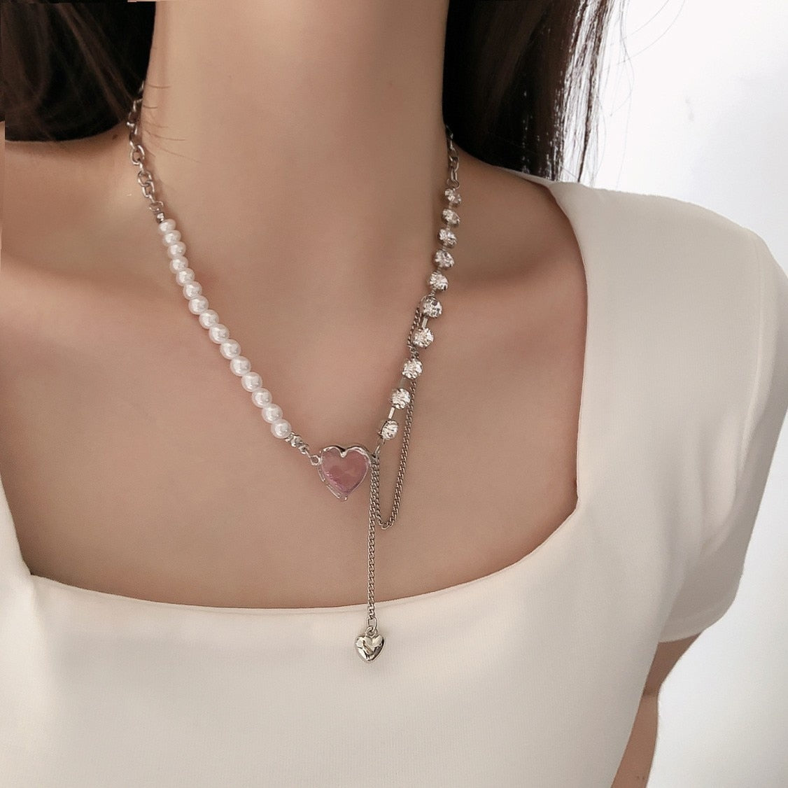 Cupid Crystal Pearl Heart Necklace